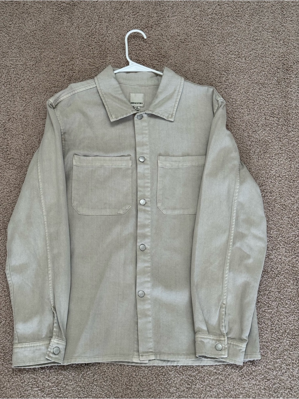 Industry Men's Beige Solid Button-Up Shirt Long Sleeve Point Collar Pockets L